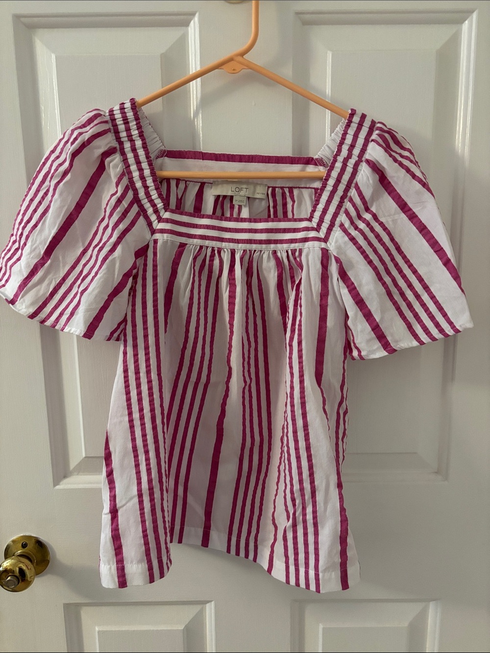 LOFT White & Fuchsia Striped Square-Neck Top. Size SP
